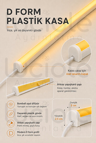 luciole 220V Amber LED Bar 100 cm Fişli Anahtarlı Yapışkanlı Tezgah Altı Dolap İçi Aydınlatma