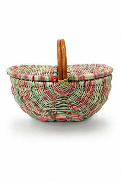 NATUREL DEKOR Rattan Küçük Boy Pembe-Mavi Piknik Sepeti 40x24x30 cm - Bohem B...