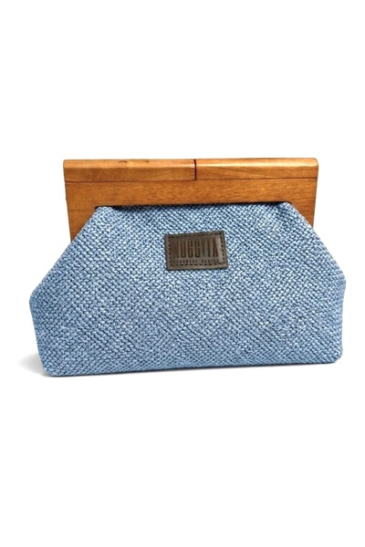 Nuggita Wooden Clutch/Portfolio (Hand/Shoulder Bag) Tan/Blue Straw-Like Fabric