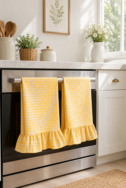 KaiHome Decorative Ruffled Gingham Kitchen Towel and Drying Cloth 35X55 cm