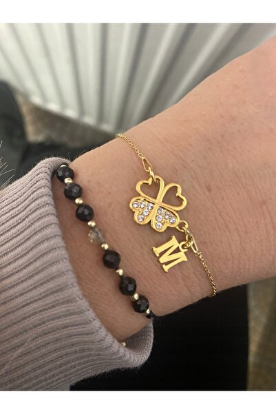 NO BRAND Brățară din aur cu trifoi pentru noroc, literă CLOVER, argint 925.
