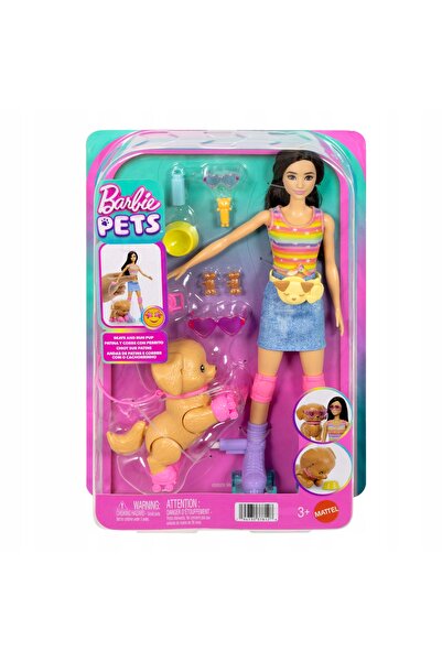 Barbie Păpușa Brunetka pe patine și câinele JMJ45