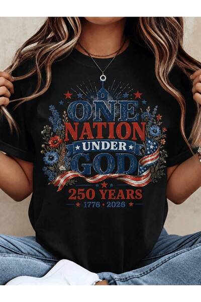 26LIK تي شيرت نسائي بمقاسات كبيرة، مطبوع عليه "One Nation Under God"، هدية مس...
