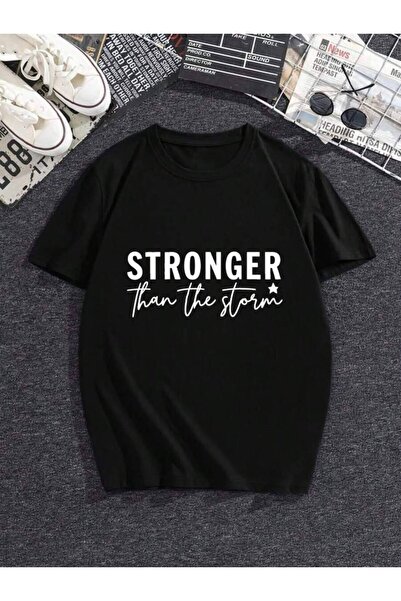 26LIK Plus Size Women's Black "Stronger Than The Storm" Text Print Crewneck S...
