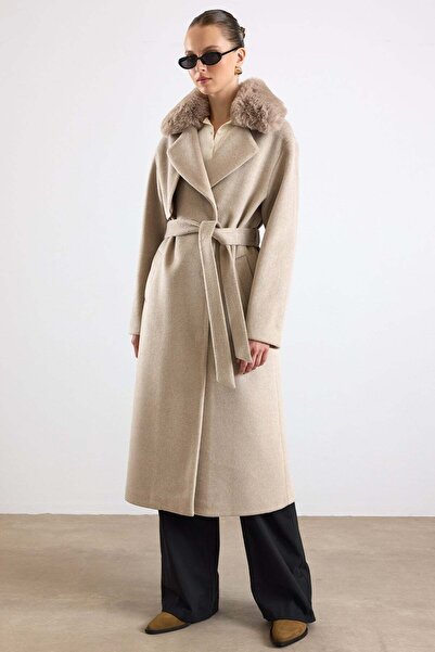 Olcay Oversize Detachable Fur Low-Sleeve Coat Stone 3178