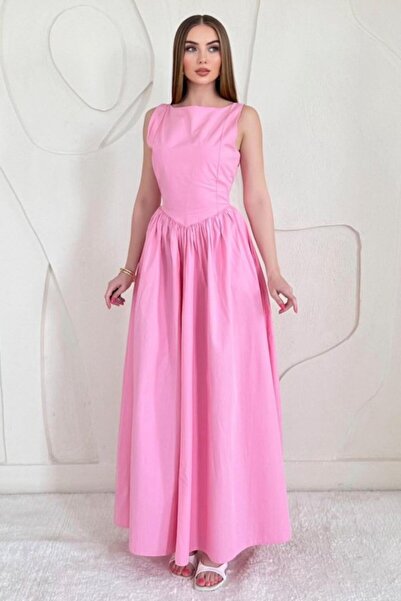 Elbee Fashion Woman Ροζ μακρύ φόρεμα με κορδόνι στη μέση