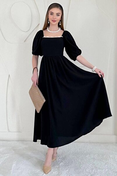 ELBEE Black back tie detailed balloon sleeve linen dress