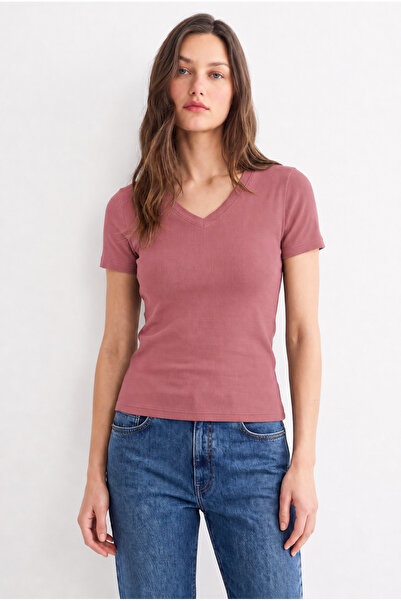 UNIQVIBE Organic Cotton Plum Women's Ribbed V-Neck T-Shirt