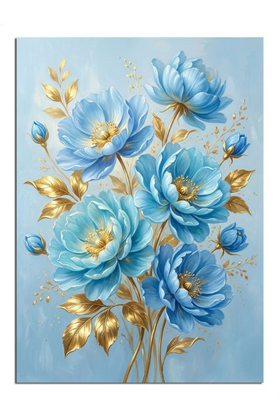 Artmeg Buchet de flori albastre cu auriu - Pânză decorativă - Tablou din lemn...