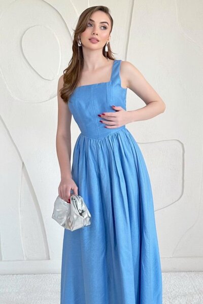 ELBEE Blue zippered thick strap linen dress