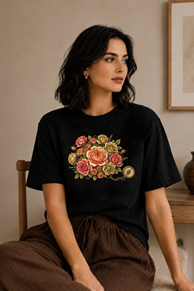 BAGAND Premium Rose Bouquet Compass Printed Oversize Unisex T-Shirt Black Vin...