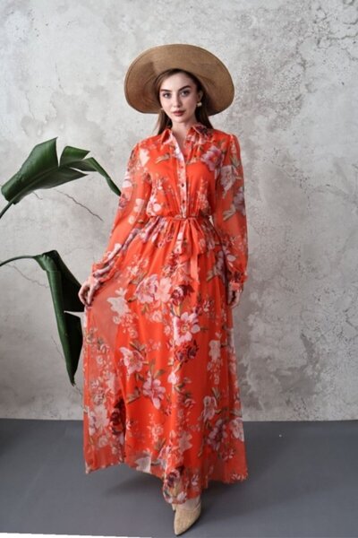 ELBEE Orange Floral Patterned Chiffon Dress
