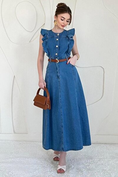 ELBEE Blue Belt Detail Long Denim Dress