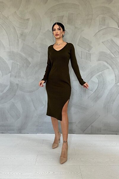 Elbee Fashion Woman Khaki Skirt Slit Knitwear Dress