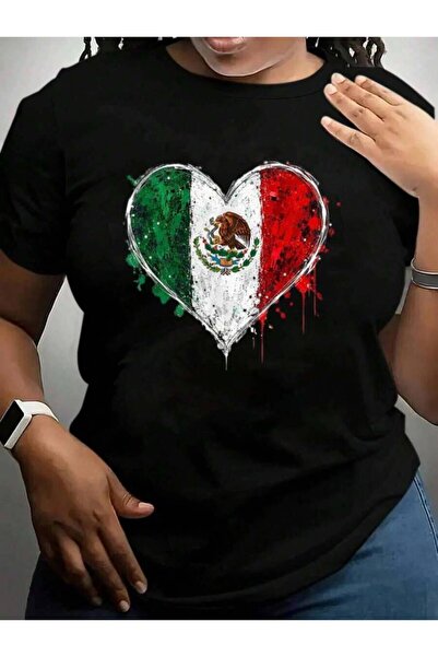21JNRY Mexico Flag Heart T-Shirt Black Graphic T Shirts Tee