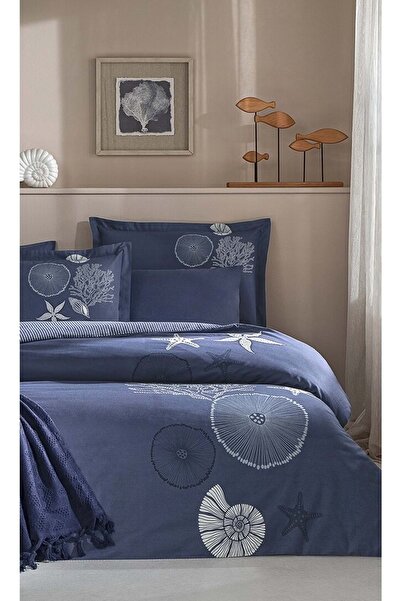 Özdilek Ranforce -Corallino Navy Blue- Single Duvet Cover Set with Elastic Sh...