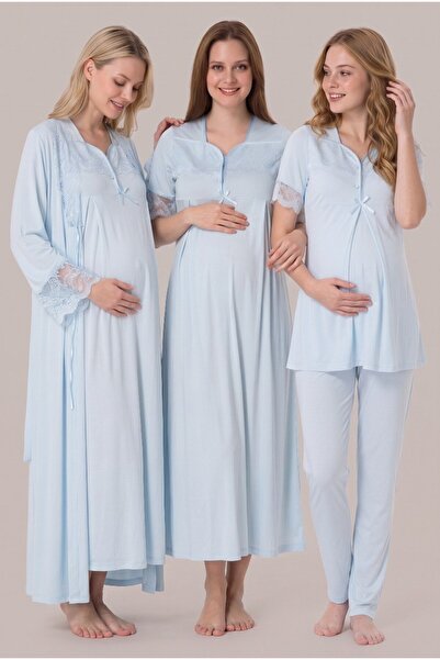 Pelin Women's Blue Lace Detailed Nursing Nightgown with Dressing Gown Materni...