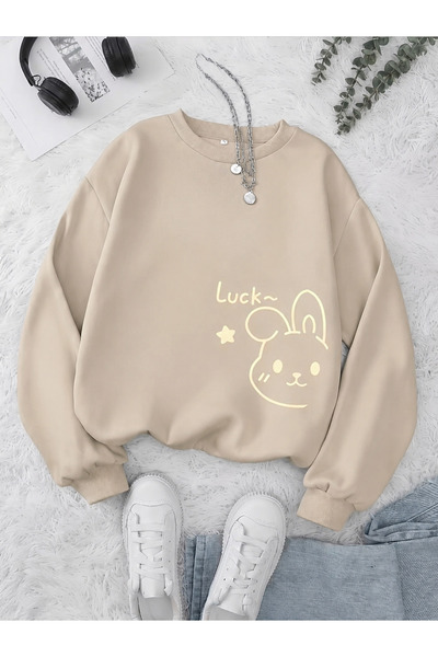 Trend Sizde Hanorac unisex cu mânecă lungă, cu imprimeu Luck Rabbit și guler ...