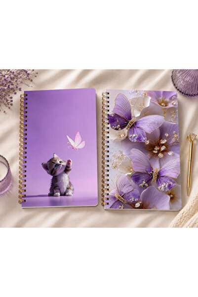 Eseran Print Mor Masal Kedi ve Kelebek Desenli Defter – 2’li Set