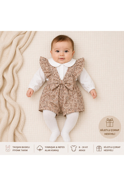 Lova TAVŞAN BASKILI FİYONK DETAYLI KIZ BEBEK TAKIM