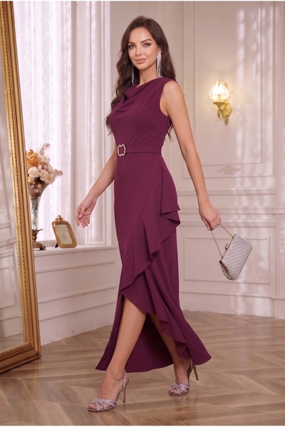 ALFUDO Moda Collection Kruvaze Yaka Kadın Volanlı Yırtmaçlı Taş Kemerli Mürdüm Düğün ve Nişan Abiye Elbise