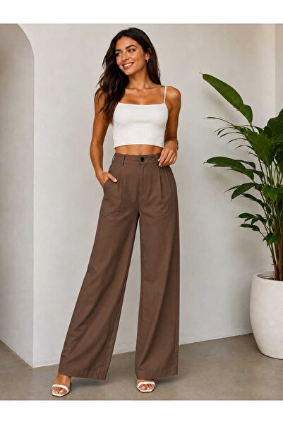 GİYİYORUM Women's High Waist Wide-Leg Pants/Classic Cut with Pockets