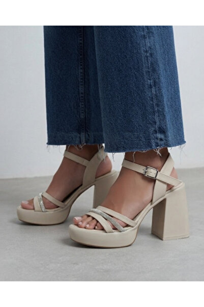 Enes Ayakkabıcılık Women's Platform Heeled Shoes with Stone Detail and Ankle ...