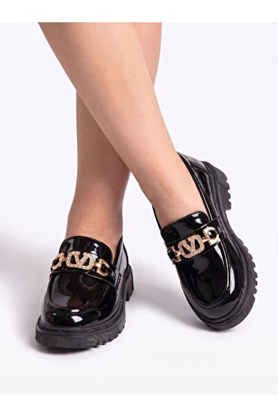 Adım Dünyası Girl's Patent Leather Loafer Shoes with Gold Stone Buckle, Styli...