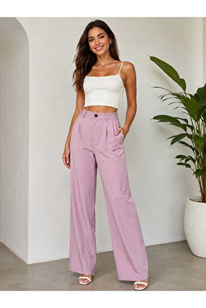 GİYİYORUM Women's High Waist Wide-Leg Pants/Classic Cut with Pockets