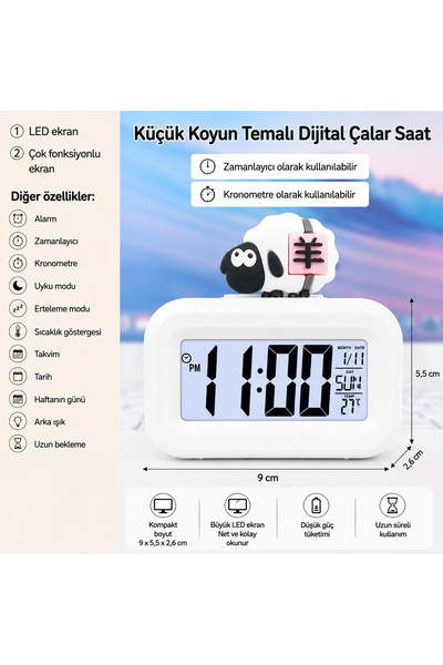silabor Küçük Koyun Dijital Çalar Saat – LED Ekranlı, Çok Fonksiyonlu, Zamanl...
