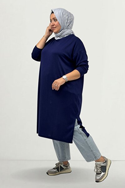 Eslina 68082 Plus Size Modal Tunic with Side Slits - Indigo