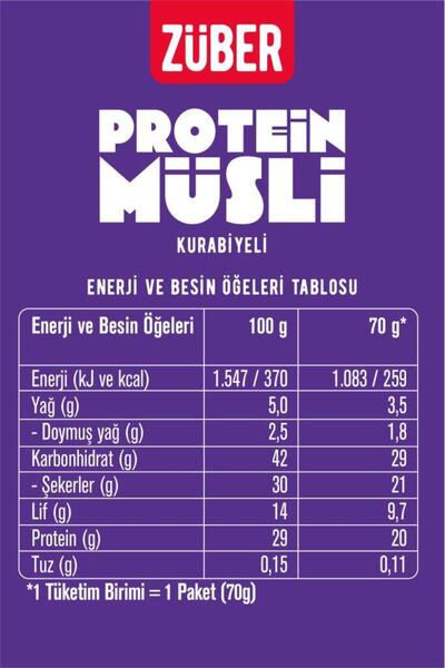 Züber Sade Kurabiyeli Yulaflı Protein Müsli (20g Protein) 70g x 3 Adet
