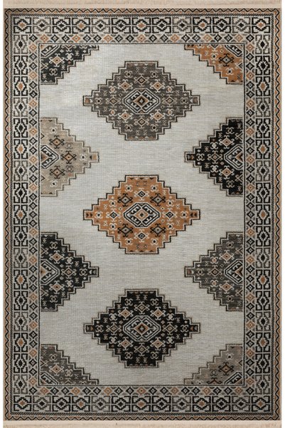 Rugs Modern Halı Gray Themed Multicolored Traditional Motif Patterned Fringed...