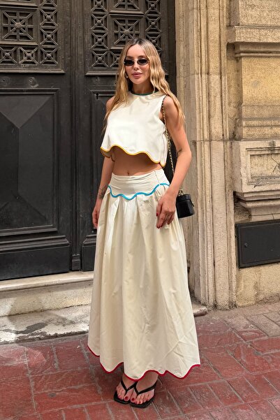 Laluvia Stone Colored Ribbed Premium Skirt & Blouse Set - 1091