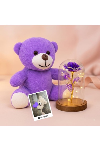 MARMORİ 💜 Mor Ayıcık & Işıklı Gül Fanusu Hediye Seti 🧸🌹✨