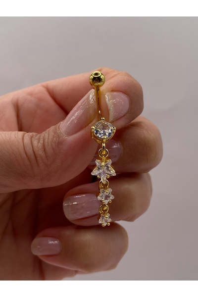 kurukafagift Sallantılı Üç Yıldız Taşlı Çelik Göbek Piercing