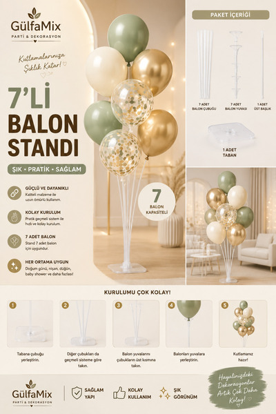 GÜLFAMİX 7’li Balon Süsleme Standı | Sert Plastik Hastane Bebek Odası , 1 Yaş...