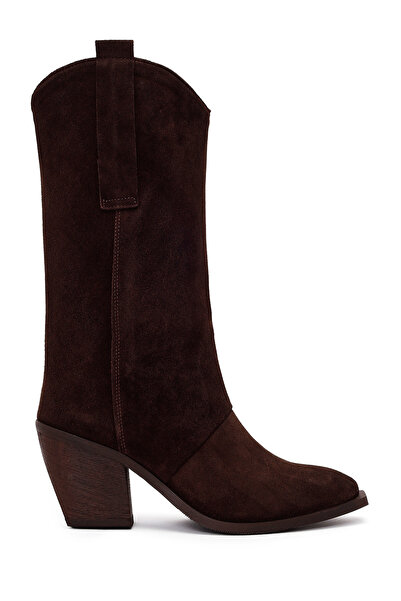 Derimod Women's Brown Thick Heeled Suede Leather Boots Wf190066Ds