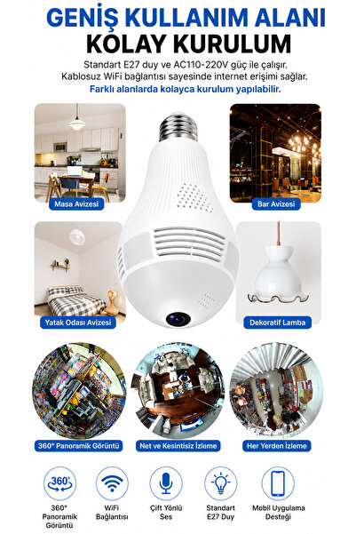 ULTRATEKNO CMR14 Wi-fi 360 Panoramik Ampul Kamera Gece Görüş Ses Akıllı Hareket Algılayıcı Güvenlik Kamerası