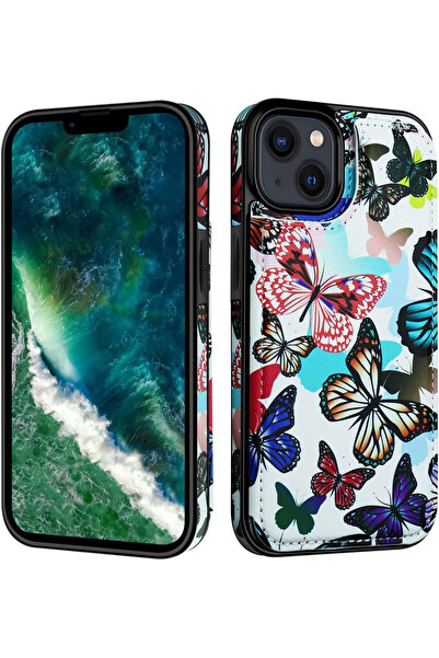 OEM Husă portofel pentru iPhone 14 cu suport, Fluturi colorați, 6.1 "