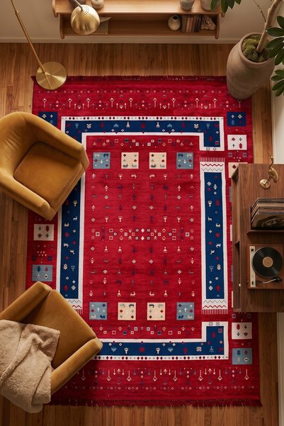 Halispecial Serap Retro Kırmızı Eskitme Etnik Desenli Dokuma Salon Halısı – P...