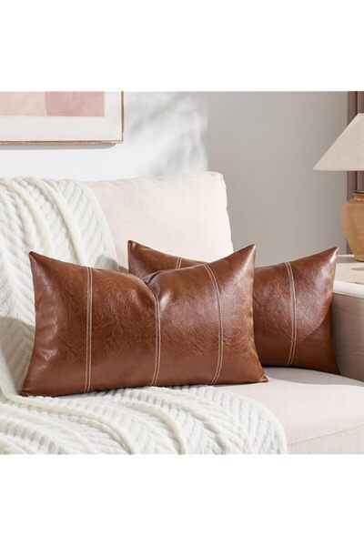 Generic Brand Fancy Homi 2 Packs Brown Boho Lumbar Faux Leather Decorative Th...