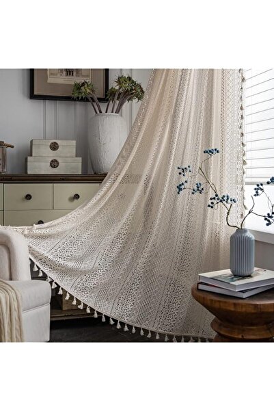 Generic Brand Sutuo Home Beige Boho Curtains Crochet Lace Semi-Sheer Bohemian...