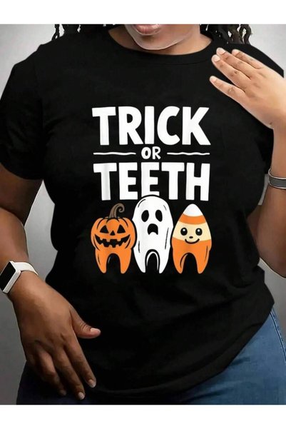 NOURAM تي شيرت بطباعة جرافيكية سوداء بتصميم "Trick Or Teeth Funny Dental Trea...
