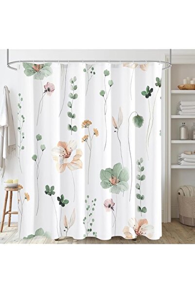 Generic Watercolor Floral Shower Curtain, Sage Green Beige Flower Shower Curt...