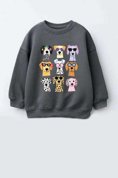 Monila Kız Çocuk 3 İplik Kumaş Pamuklu Köpek Baskılı Sweatshirt