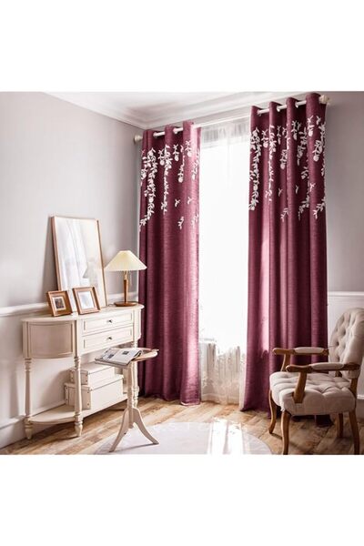 Generic Brand Melodieux Flower Embroidery Linen Blackout Burgundy Curtains fo...