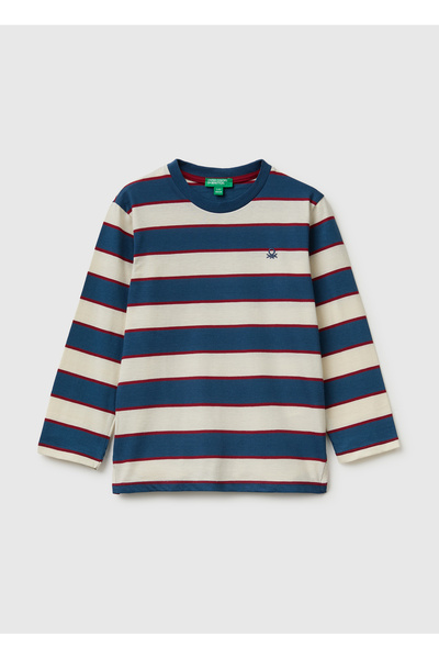 United Colors of Benetton Boy's Navy Blue Mix Logo Embroidered Striped Ribbed...