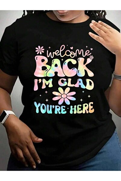 kai22 تي شيرت بطباعة جرافيكية باللون الأسود بعبارة "I'm Glad You're Here Back...