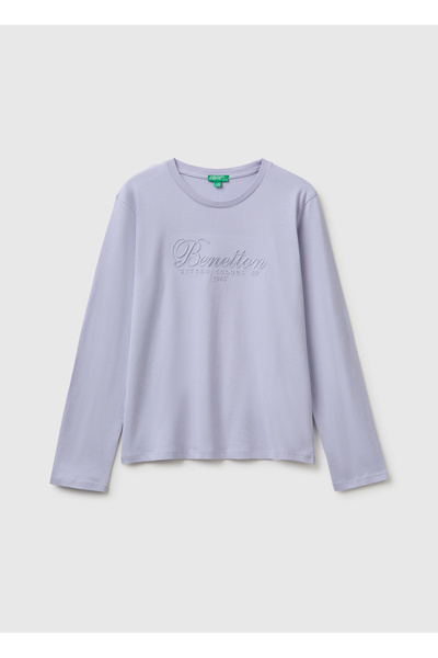 United Colors of Benetton Girl's Lilac Long Sleeve T-Shirt with Embroidered F...